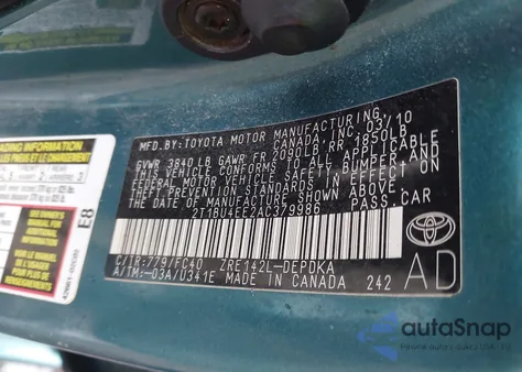 2010 Toyota Corolla Le из США, поврежденный, VIN 2T1BU4EE2AC379986